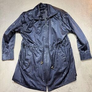 Vintage 90s Navy Blue Metallic Shimmer Polka Dot Zip Up Jacket Drawstring XL